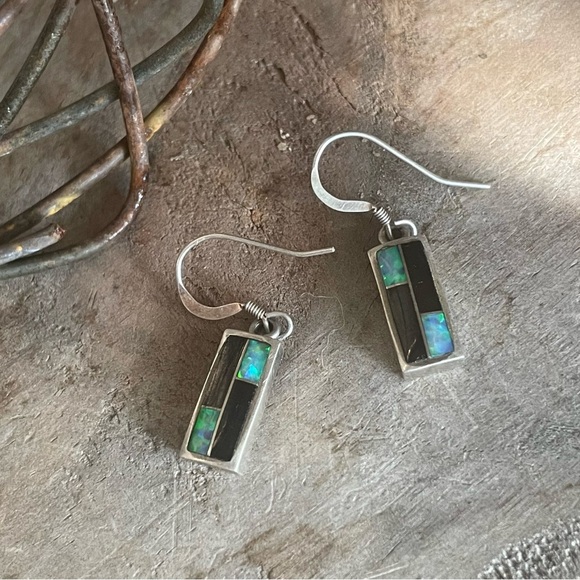 Dainty Dangle Earrings Fire Opal Onyx Sterling Silver Handmade - Picture 10 of 13